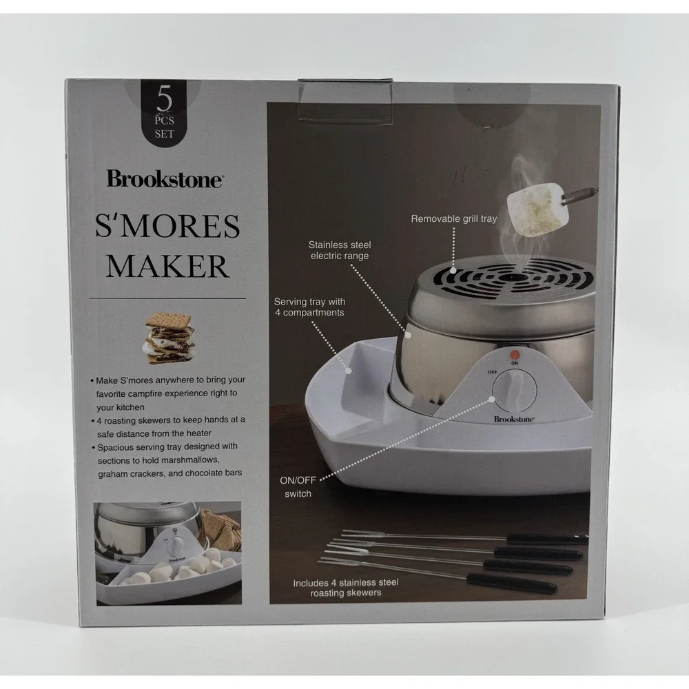 NEW Brookstone S'mores Maker Flameless Indoor with 4 Forks White 5pcs Set
